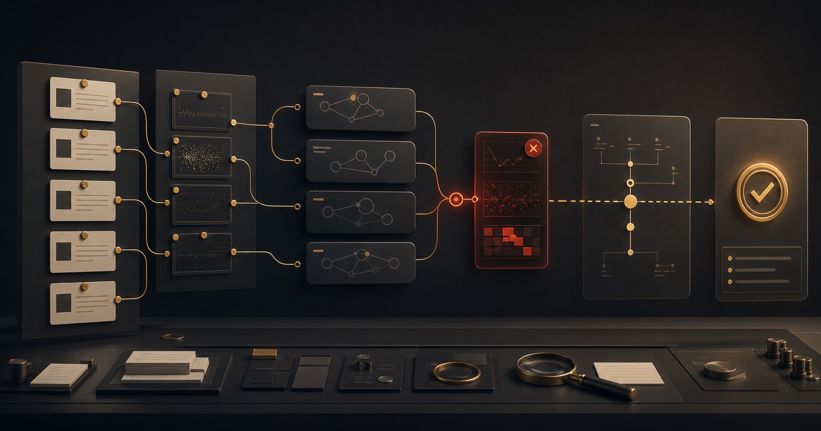 A root-cause investigation board showing logs, hypotheses, a failing reproduction, and the confirmed cause converging into one fix.