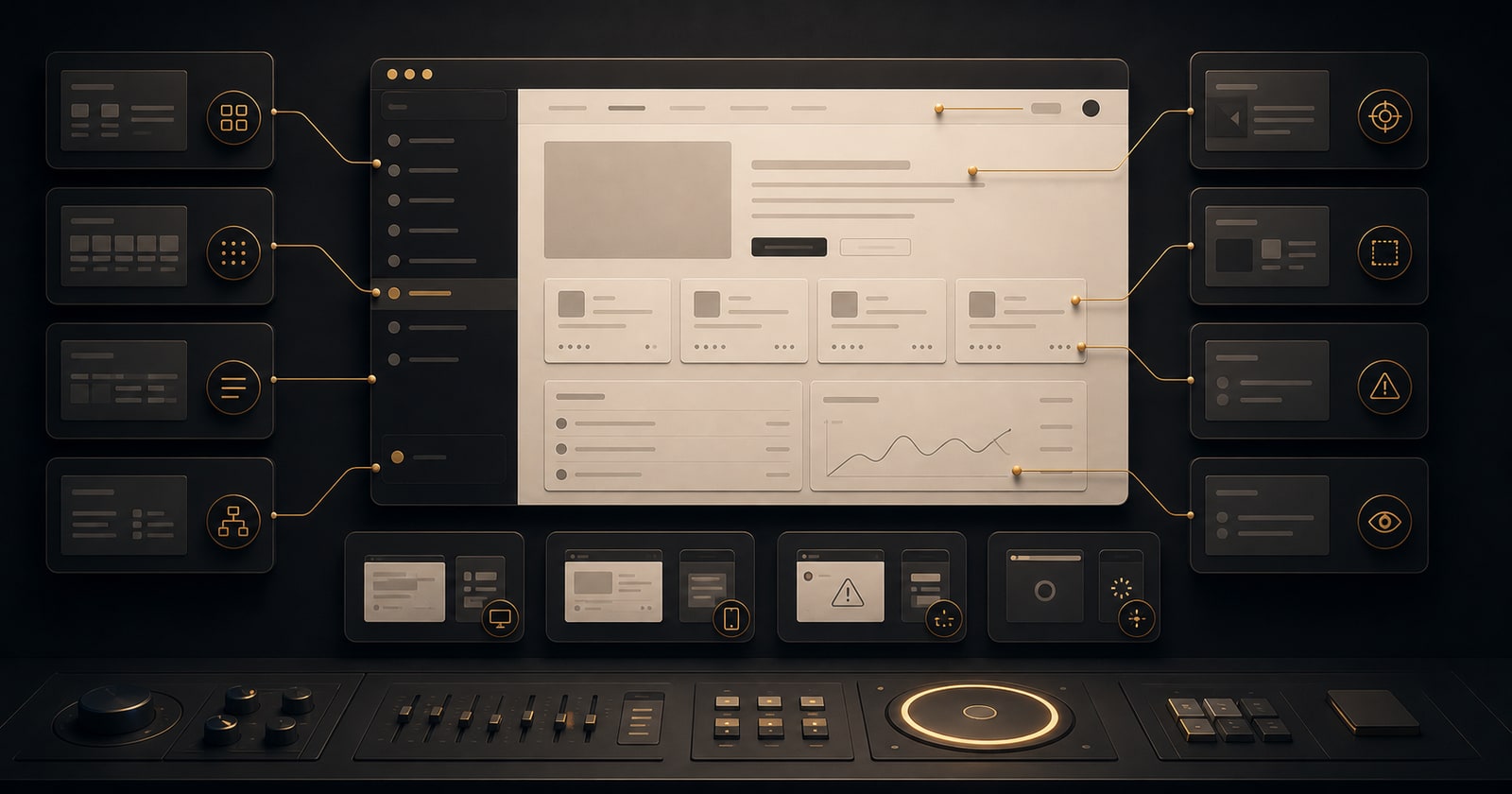 A product screen audit board marking hierarchy, spacing, states, and missing workflow cues as operational defects.