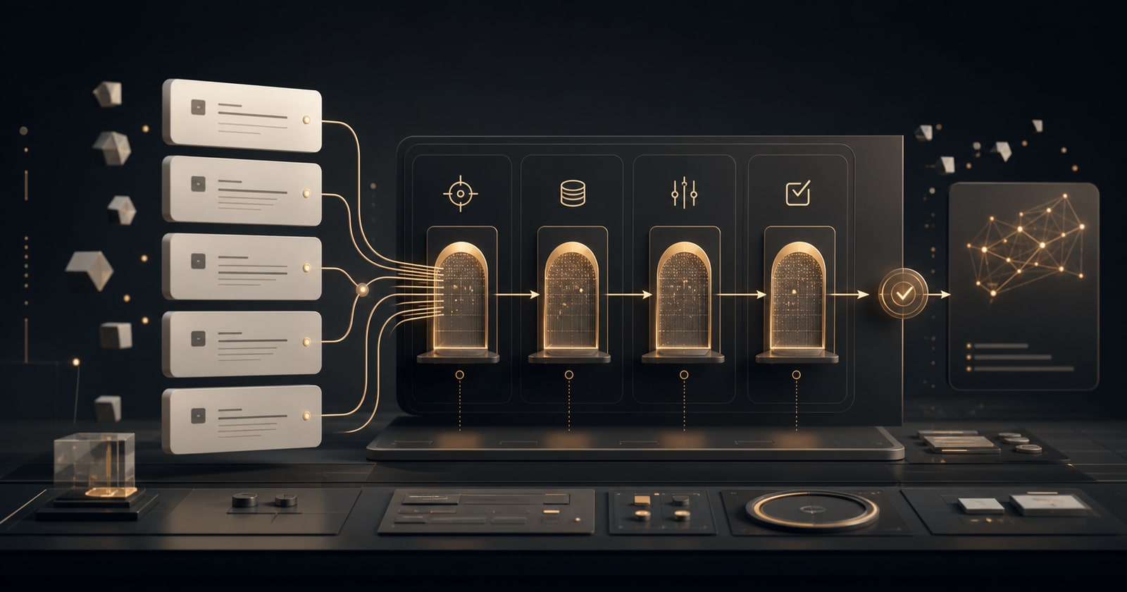 A dark editorial control room interface where structured prompt cards route work through clear engineering gates.