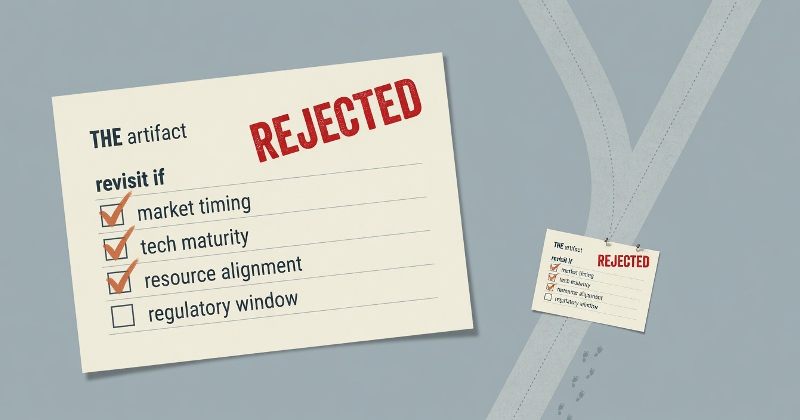 A rejected one-page proposal ending in a four-item revisit-if checklist, three boxes ticked, with the rejected reasoning preserved at the fork of an untaken path.