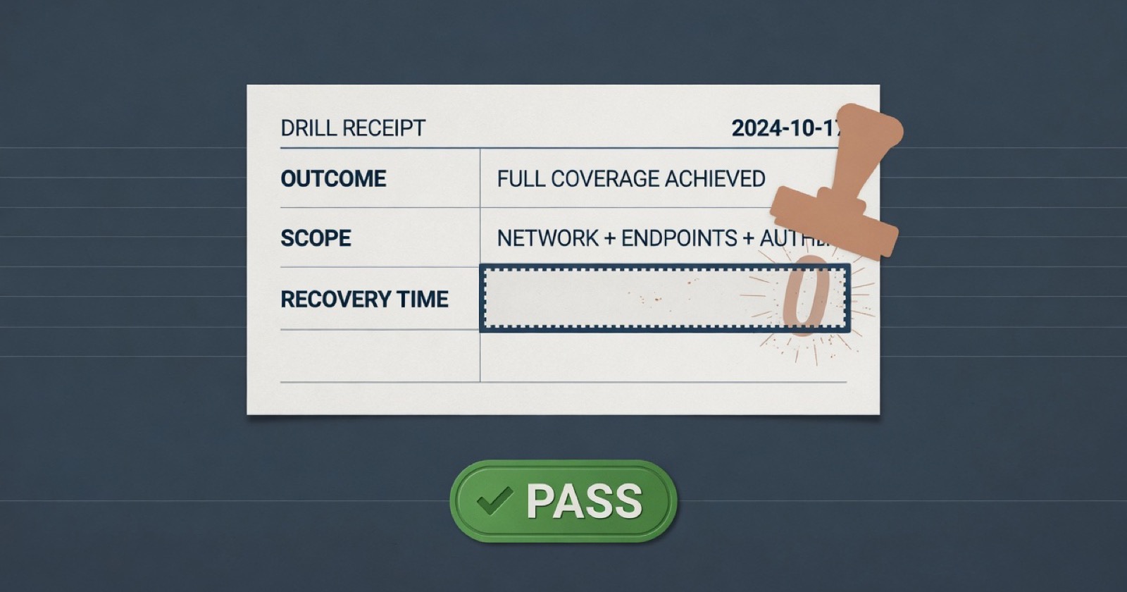 A structured drill receipt with its recovery-time row blank, a ghosted zero being stamped into the gap beneath a green pass verdict.