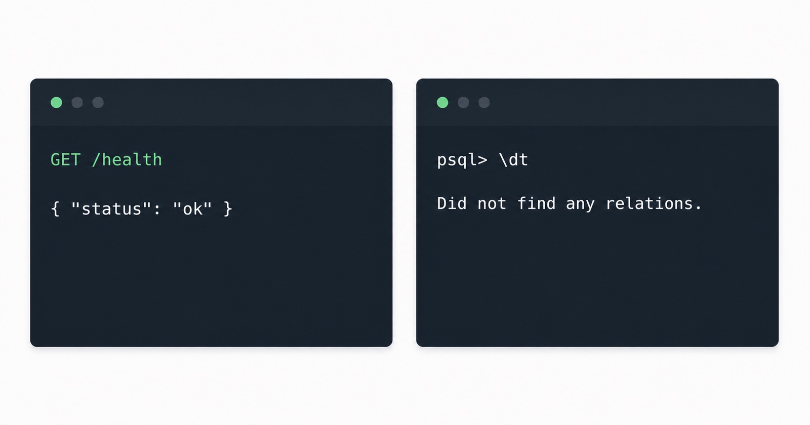 Two terminal panels describing one server — a health endpoint returning status ok beside a psql \dt output reading "Did not find any relations."