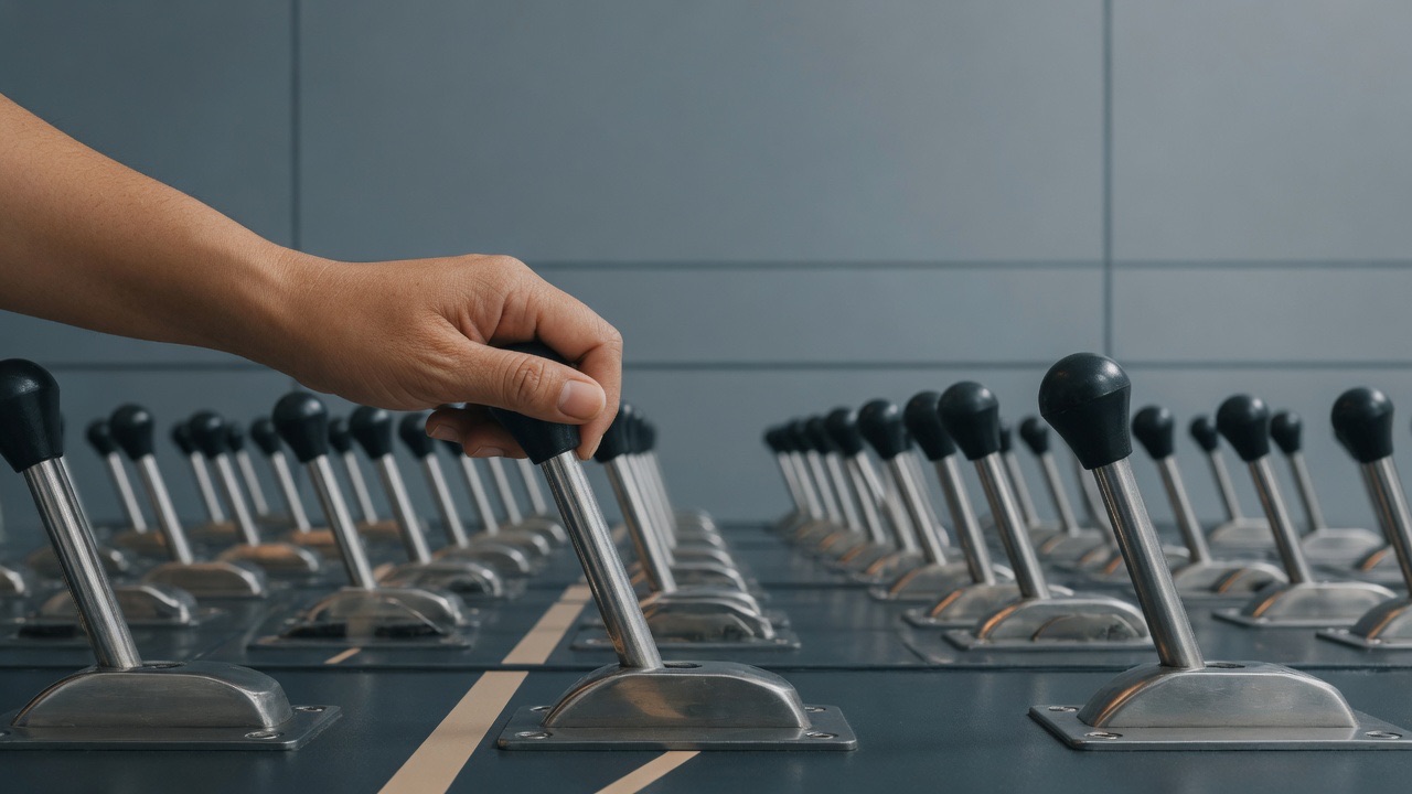 An illustration of a single hand resting on one deliberately chosen lever beside many identical untouched levers.