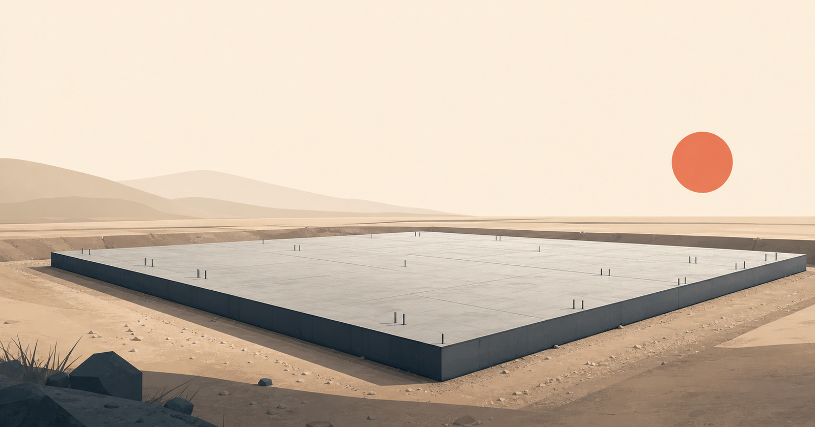 An illustration of a precise, fully poured building foundation beneath a lot where the visible structure has not yet been built.