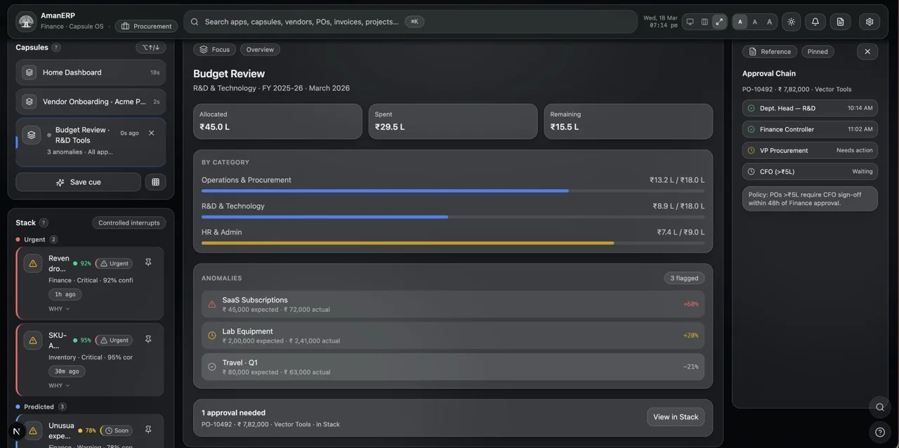 Controlled Interrupt showing a budget anomaly alert with full context for quick decision