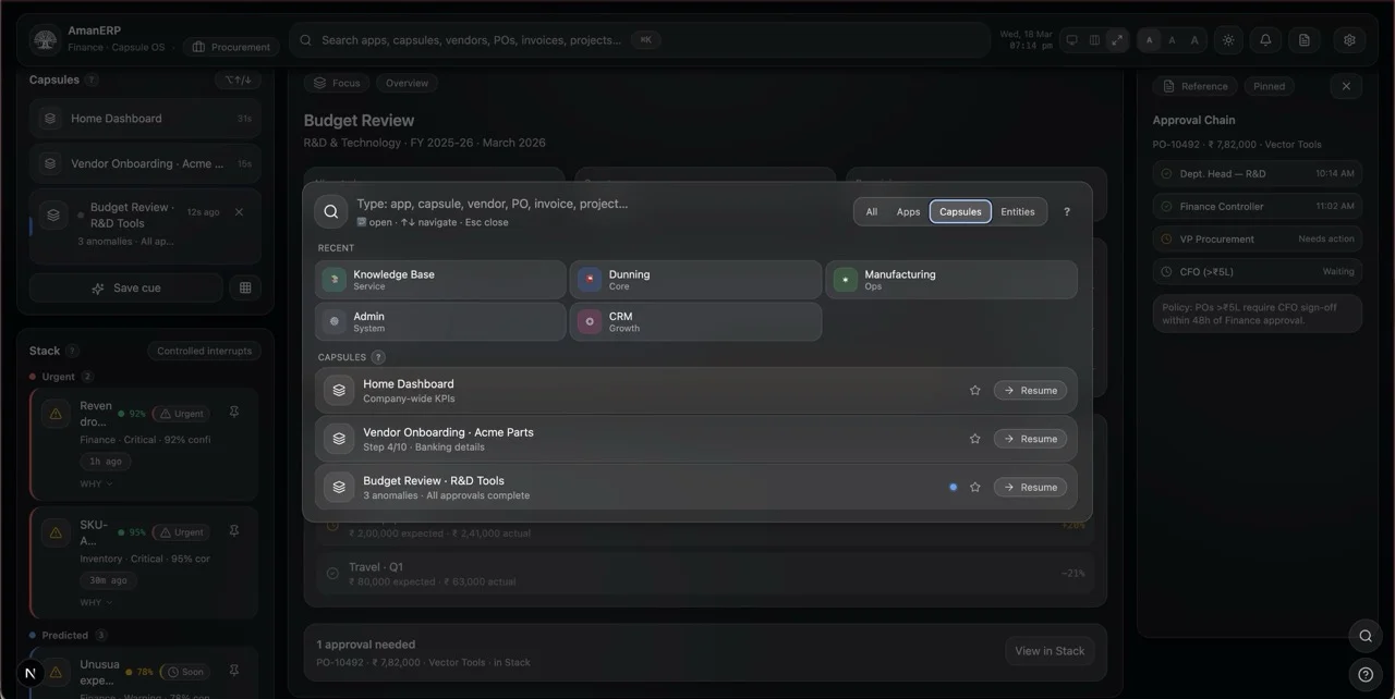 Compass universal search overlay showing cross-module results