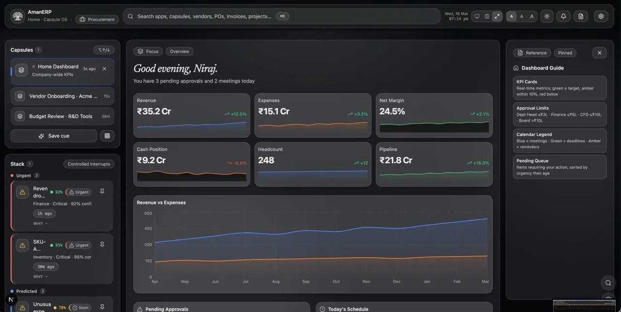 Capsule OS home dashboard showing unified business operations view